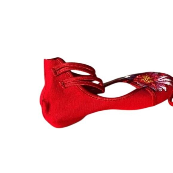 Handmade Womens Embroidered Floral Red Ballet Flats EU 38 US 7.5 Canvas Sole - Picture 3 of 5